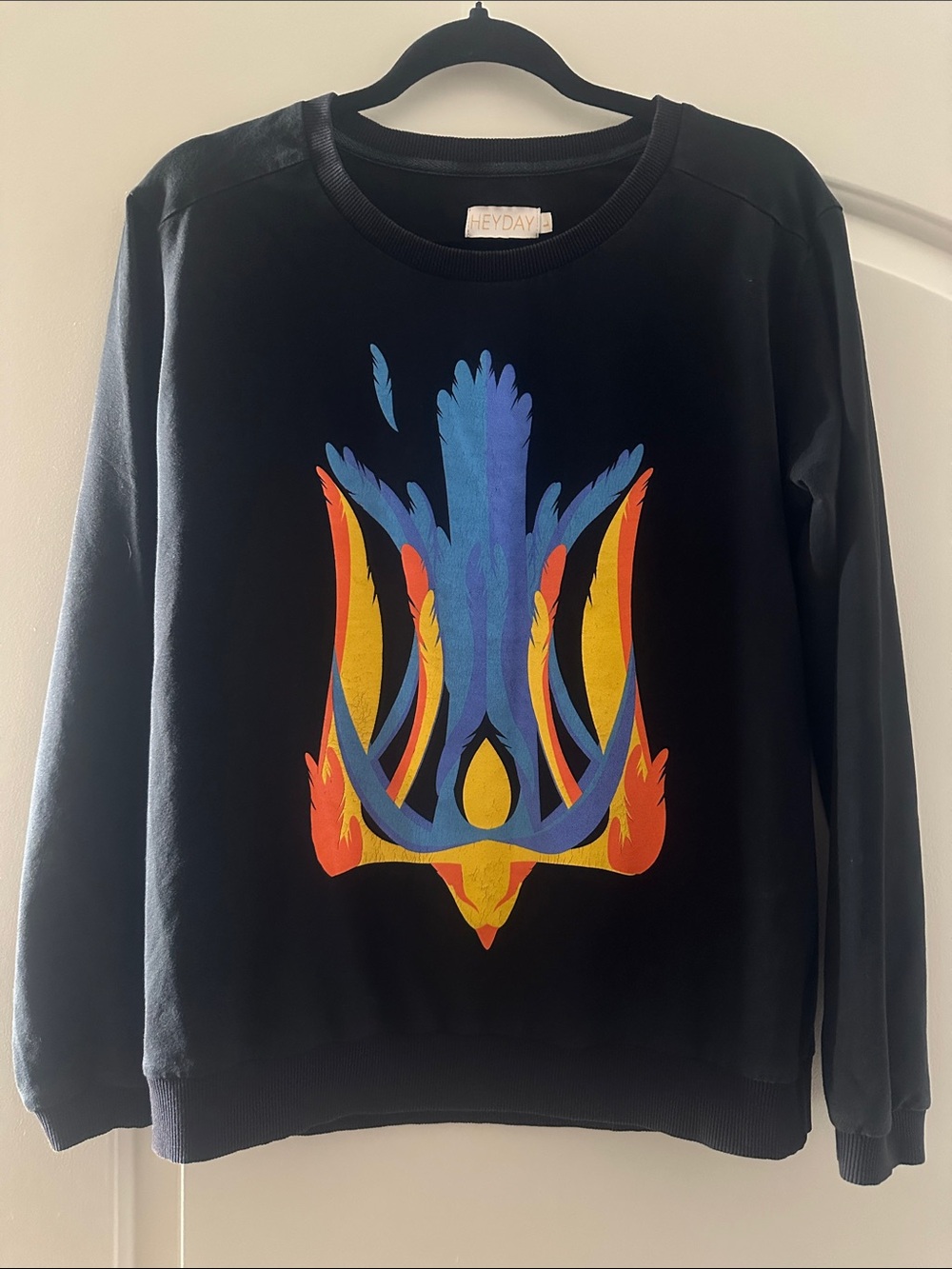heyday Black Crewneck Sweatshirt with Blue, Yellow and Orange Graphic